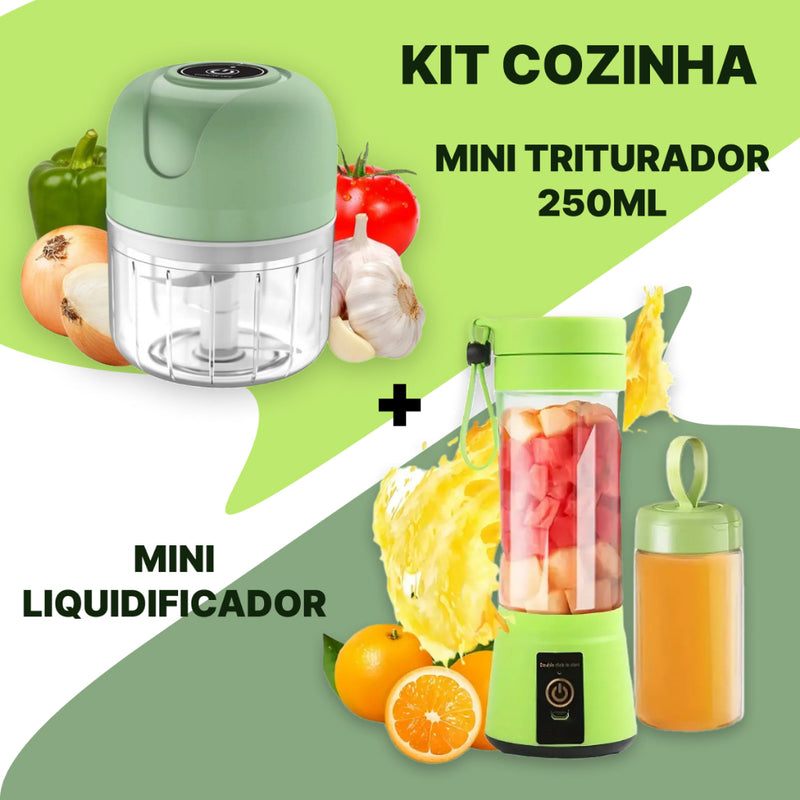 Kit Mini Liquidificador Portátil 380ml + Mini Processador 250ml